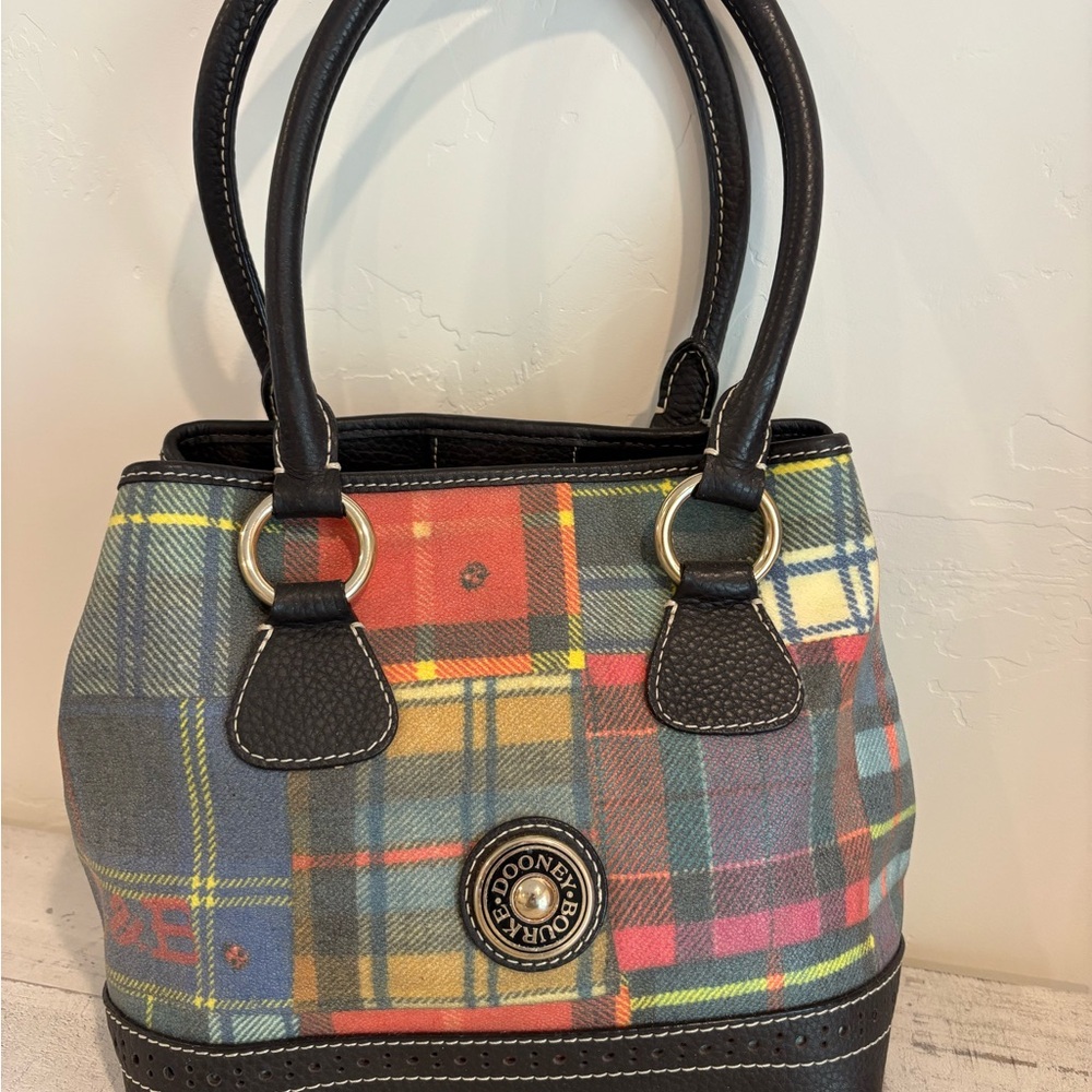 Dooney & Bourke Leather Plaid Coated Canvas Ladybug Handbag Purse Satchel